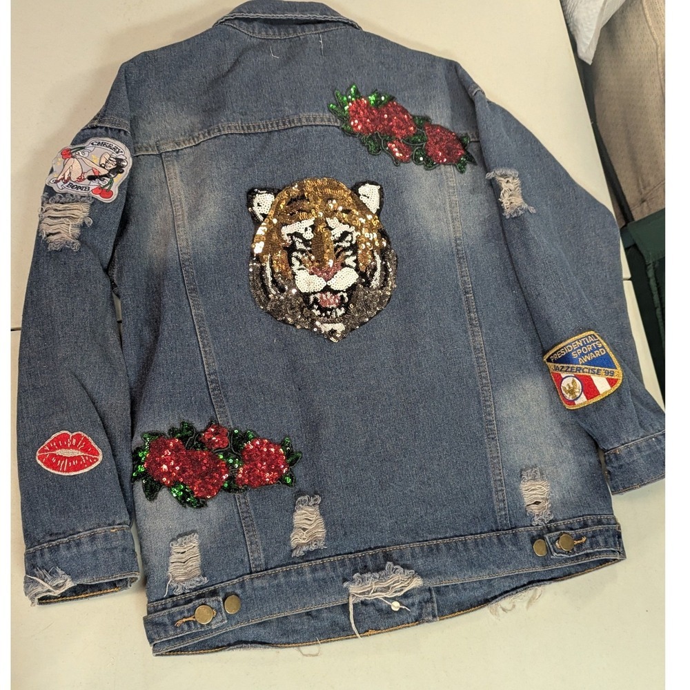Say What? Oversized Denim Jacket XS Sequin Tiger Rose Patches Distressed Jean - Picture 2 of 16
